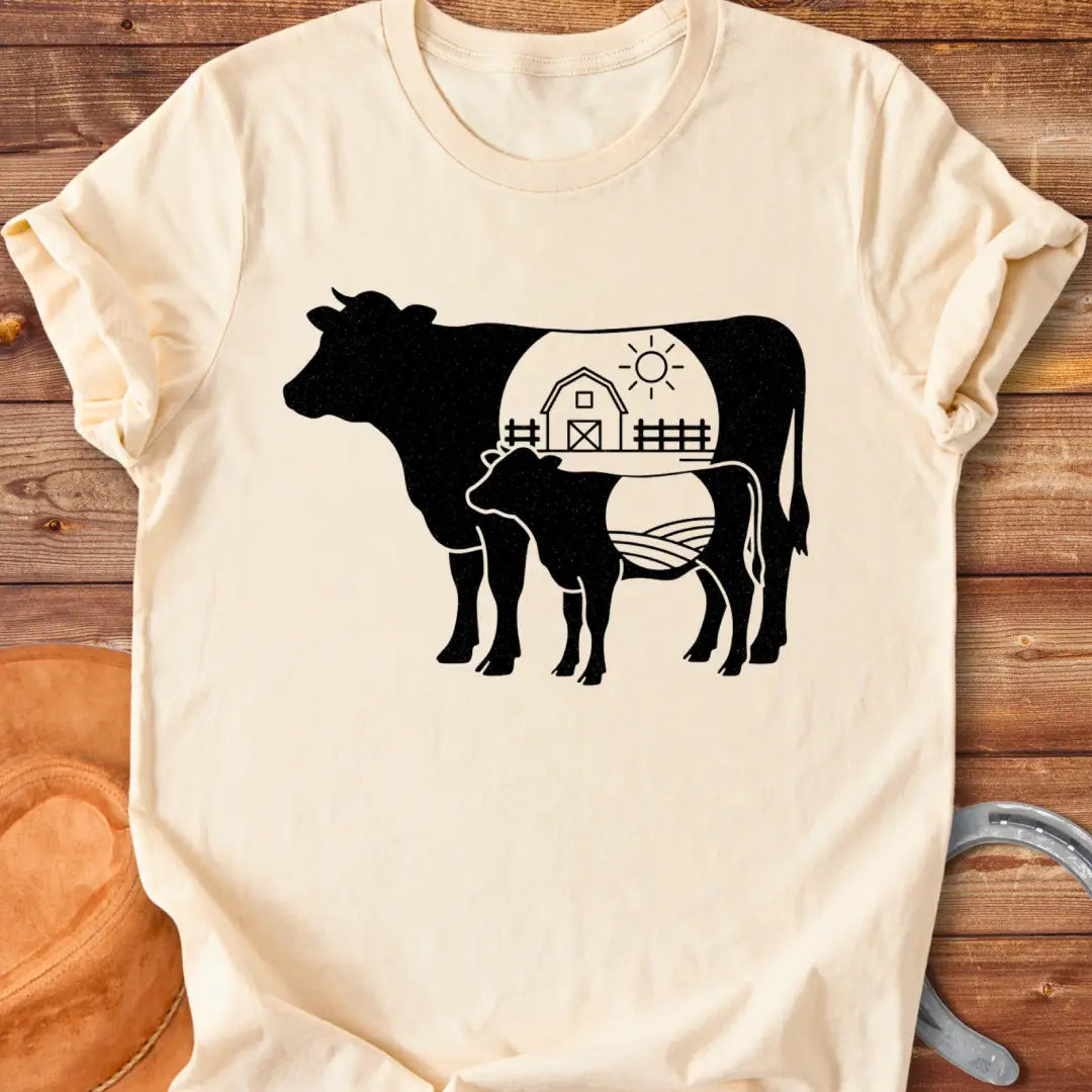 Farmstead Mama and Calf Silhouette T-Shirt featuring a silhouette of a mother cow and calf with a farm scene inside.
