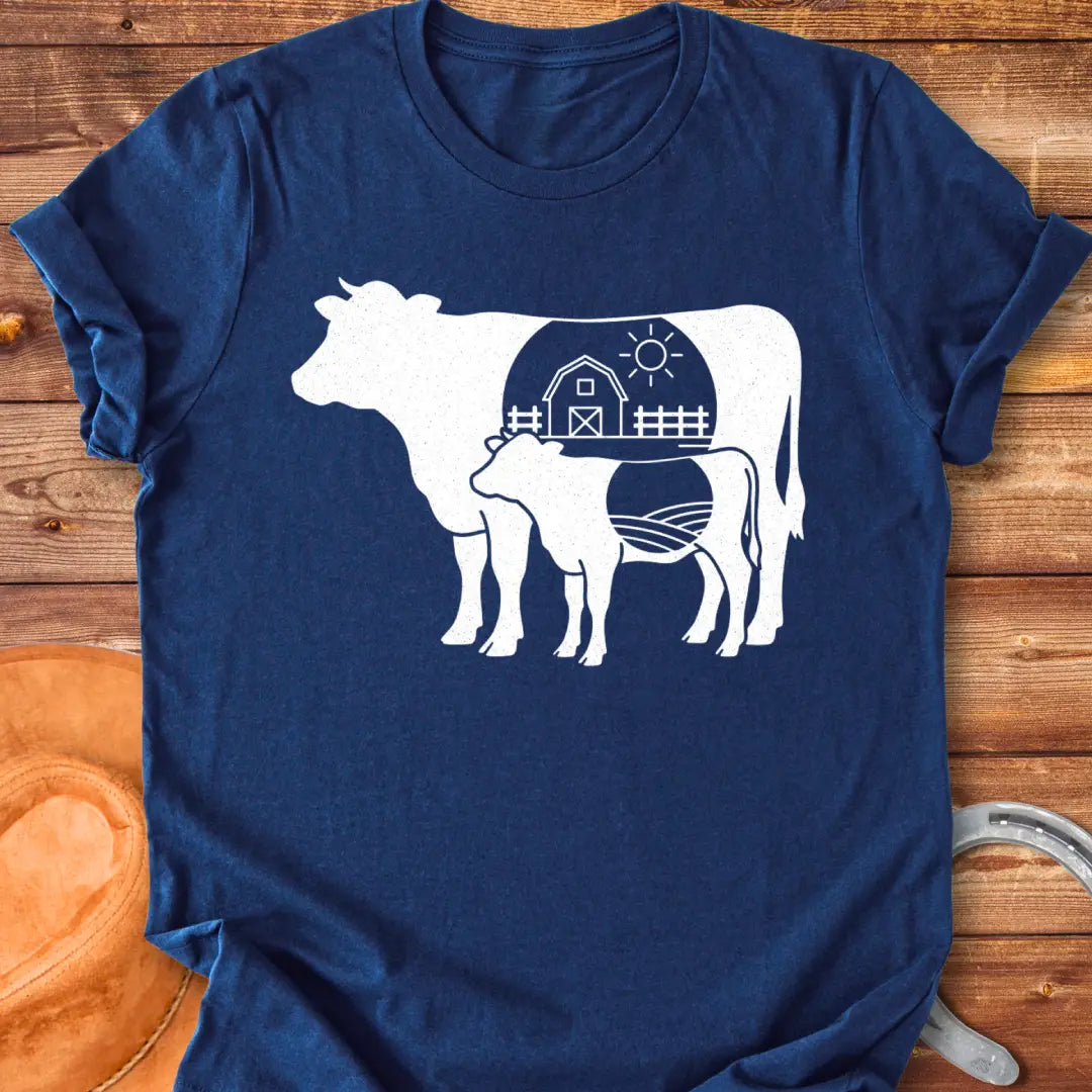 Farmstead Mama and Calf Silhouette T-Shirt featuring a silhouette of a mother cow and calf with a farm scene inside.