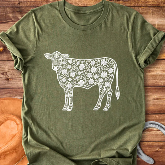 Floral design of a cow filled with flowers, a unique t-shirt for cow lovers.