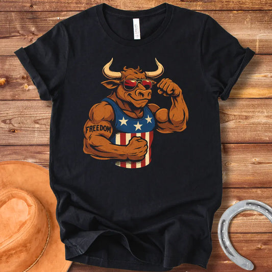 Patriotic cow flexing its muscles, wearing sunglasses and a tank top with stars and stripes, tattoo that says freedom.