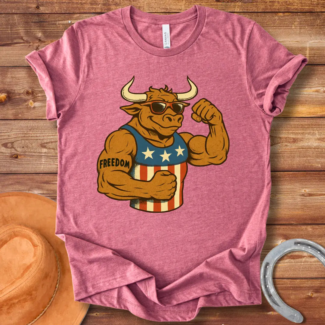 Patriotic cow flexing its muscles, wearing sunglasses and a tank top with stars and stripes, tattoo that says freedom.