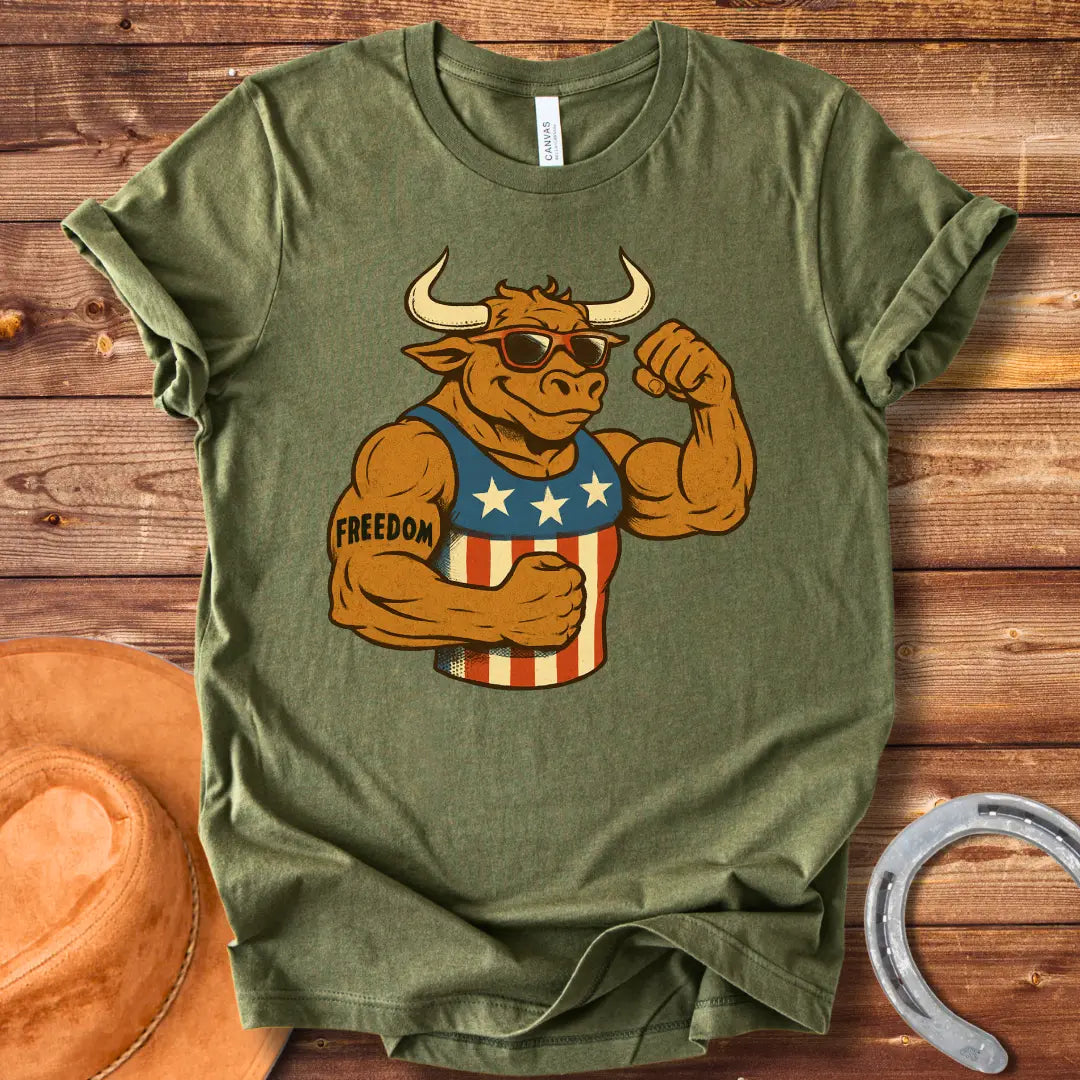 Patriotic cow flexing its muscles, wearing sunglasses and a tank top with stars and stripes, tattoo that says freedom.