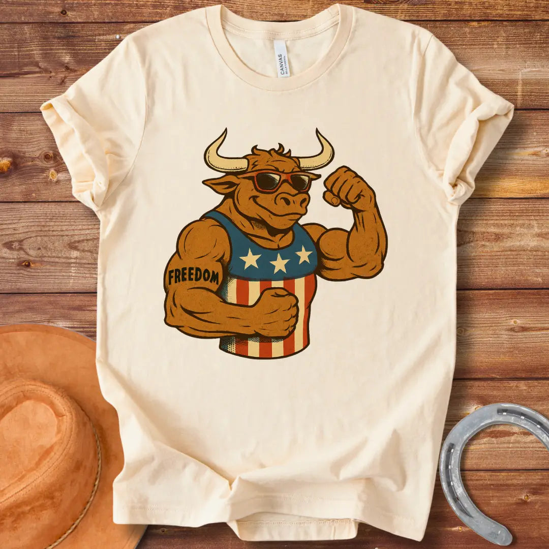 Patriotic cow flexing its muscles, wearing sunglasses and a tank top with stars and stripes, tattoo that says freedom.