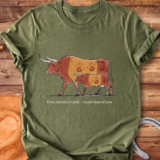 Illustration of an Aurochs and a calf, with hand prints on them, symbolizing the evolution of cattle over time.
