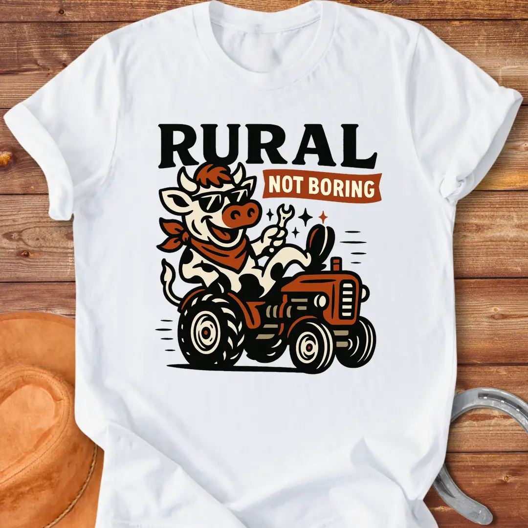 Funny t-shirt featuring a cow driving a tractor and the words 'Rural Not Boring'.