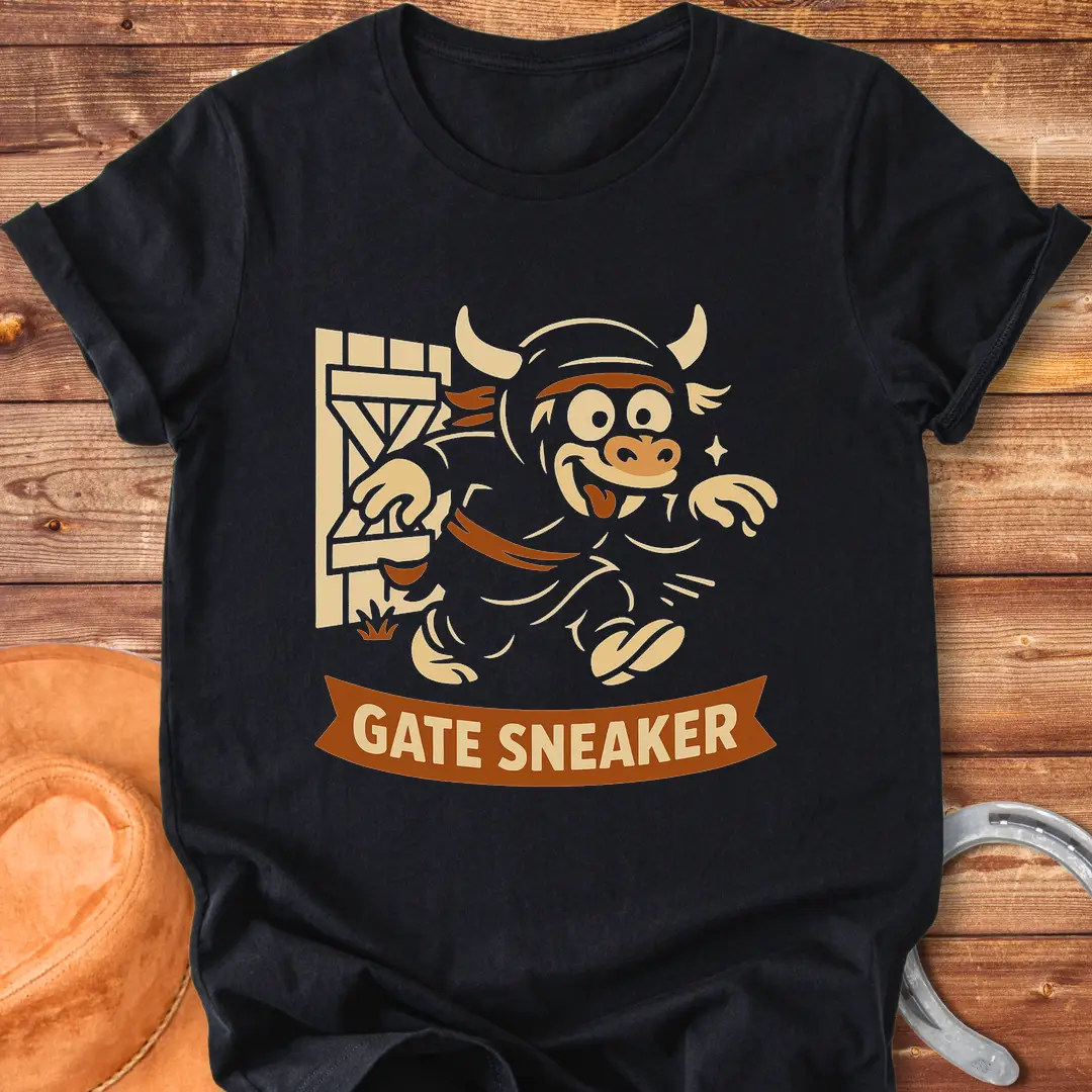 Cartoon illustration of a cow running through a gate on a t-shirt