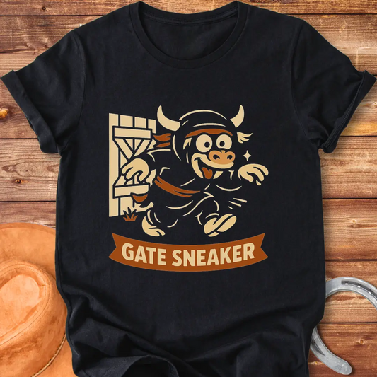 Cartoon illustration of a cow running through a gate on a t-shirt
