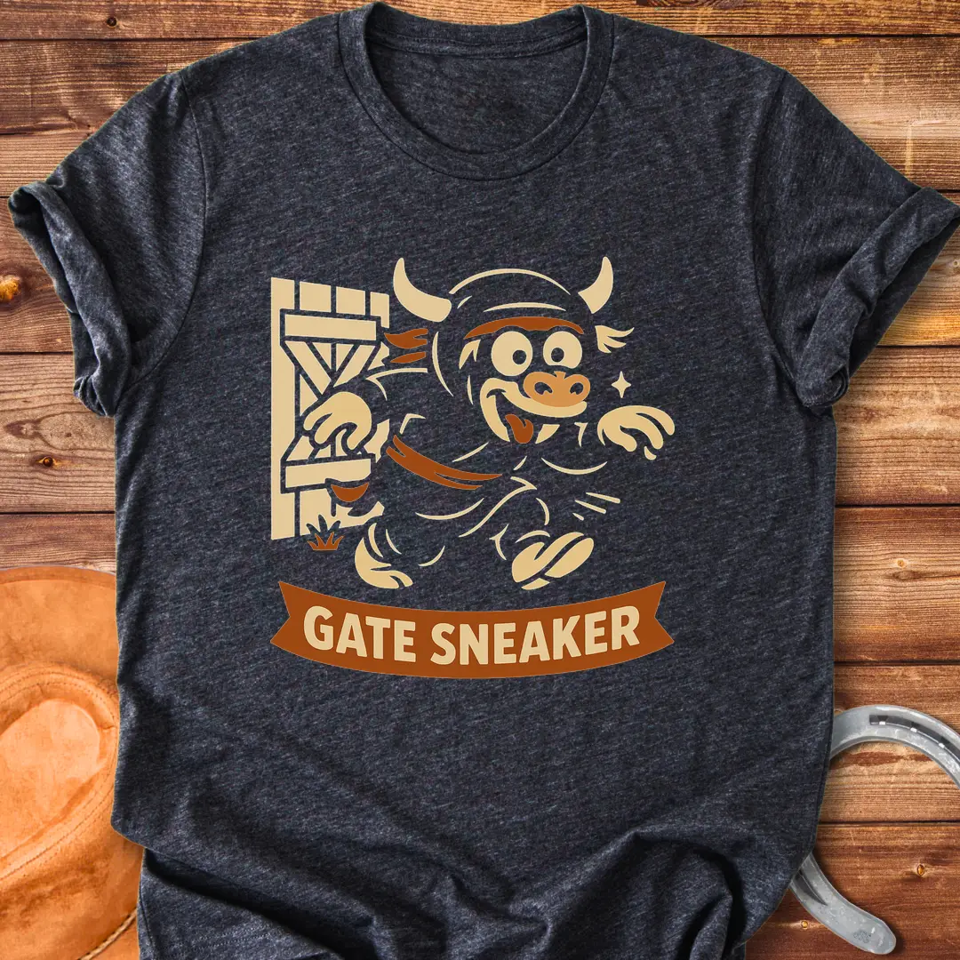 Cartoon illustration of a cow running through a gate on a t-shirt