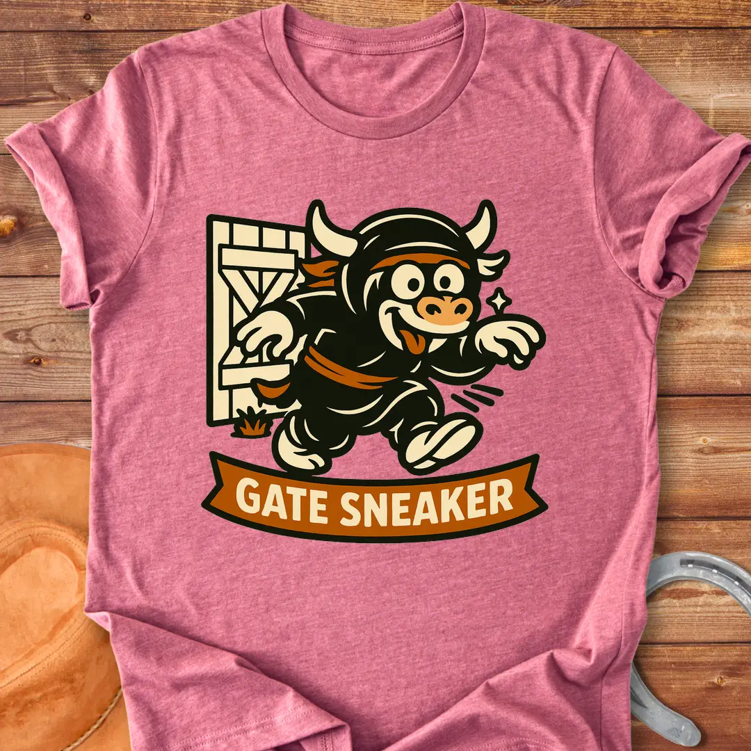 Cartoon illustration of a cow running through a gate on a t-shirt