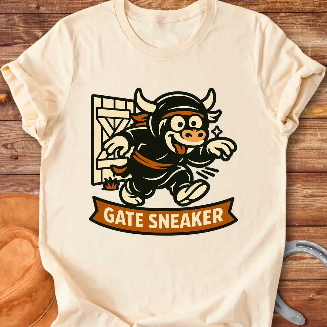 Cartoon illustration of a cow running through a gate on a t-shirt