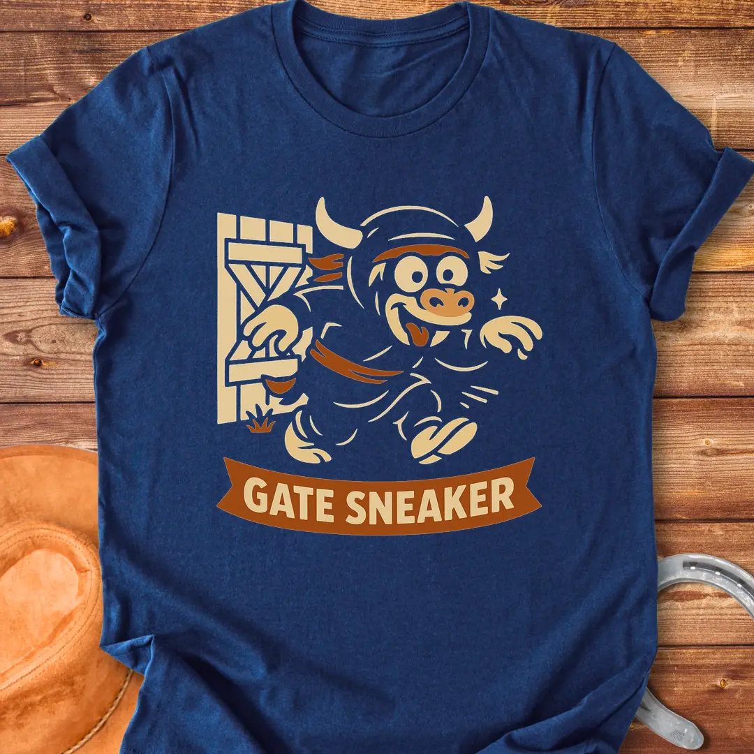 Cartoon illustration of a cow running through a gate on a t-shirt