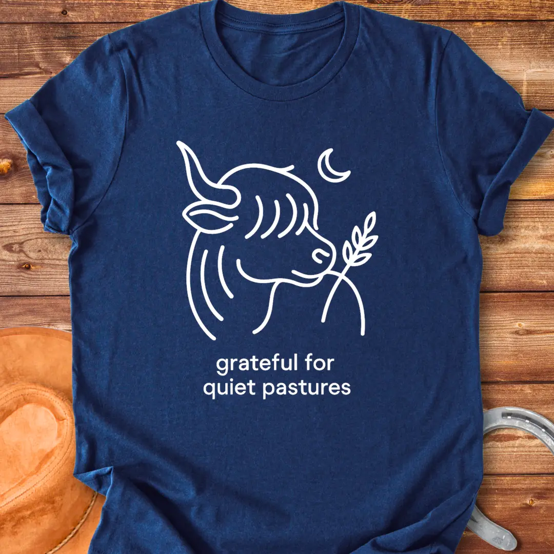 Line art of a Highland cow enjoying a sprig of grass, with the words 'grateful for quiet pastures'