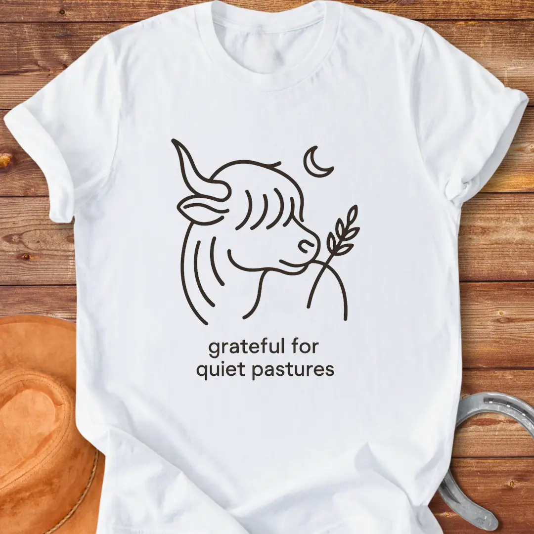 Line art of a Highland cow enjoying a sprig of grass, with the words 'grateful for quiet pastures'