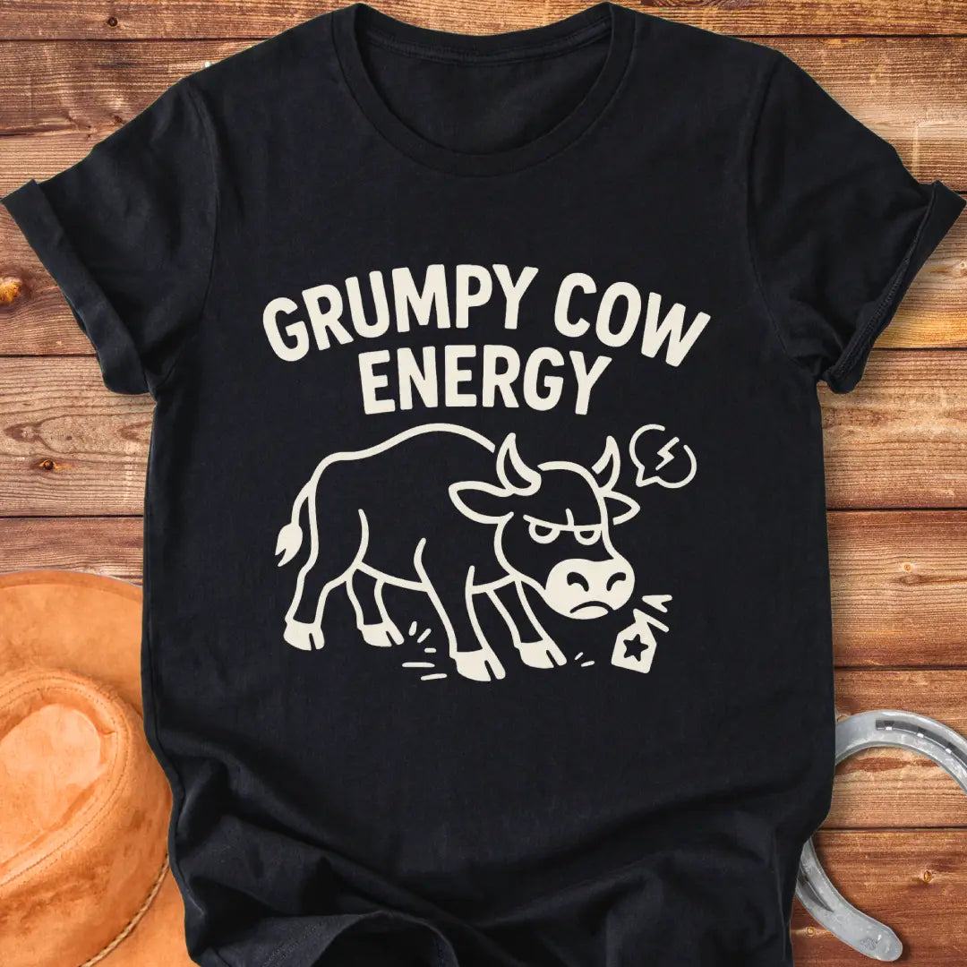 Grumpy cow t-shirt design featuring an angry cow with the words Grumpy Cow Energy.