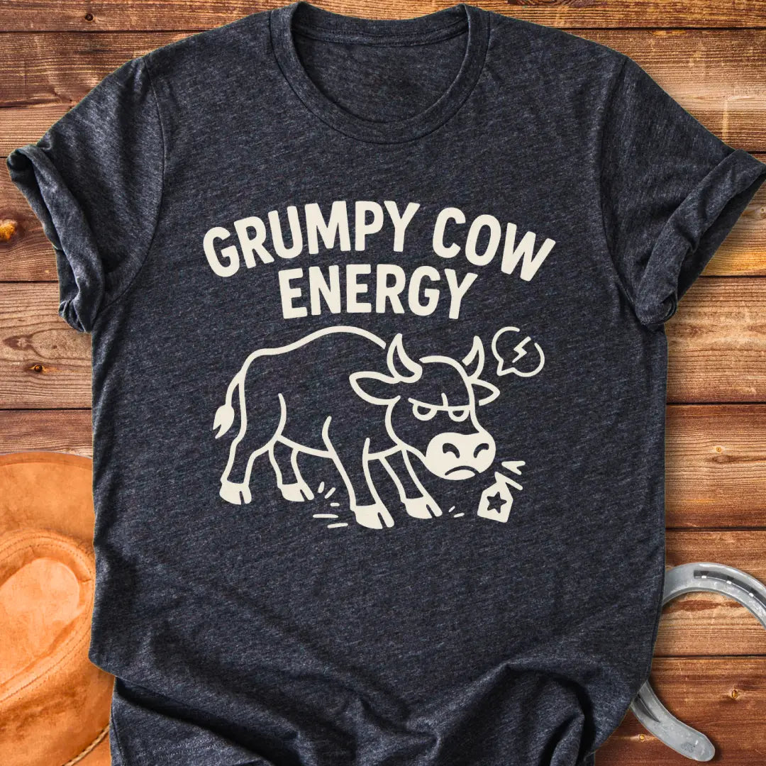 Grumpy cow t-shirt design featuring an angry cow with the words Grumpy Cow Energy.