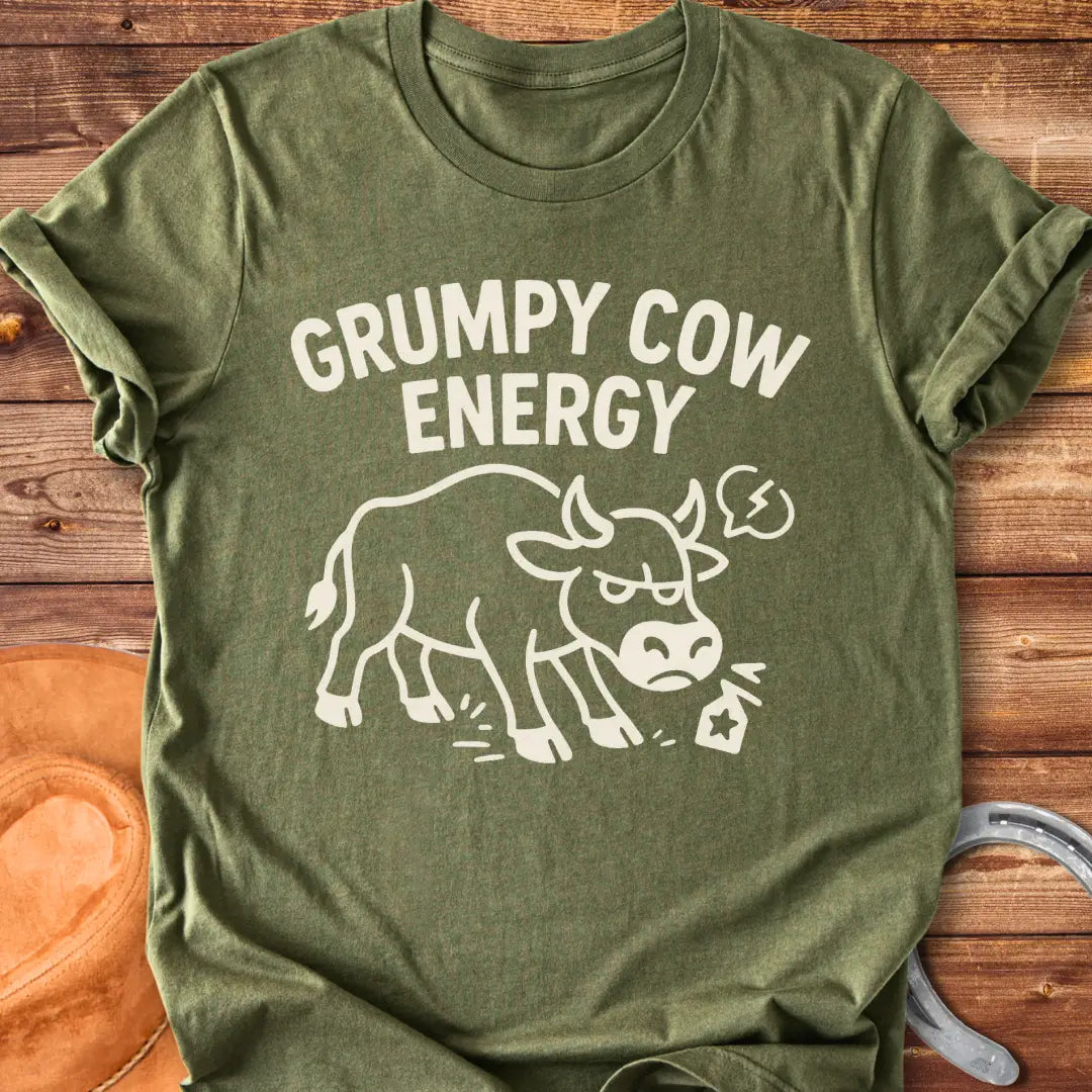 Grumpy cow t-shirt design featuring an angry cow with the words Grumpy Cow Energy.