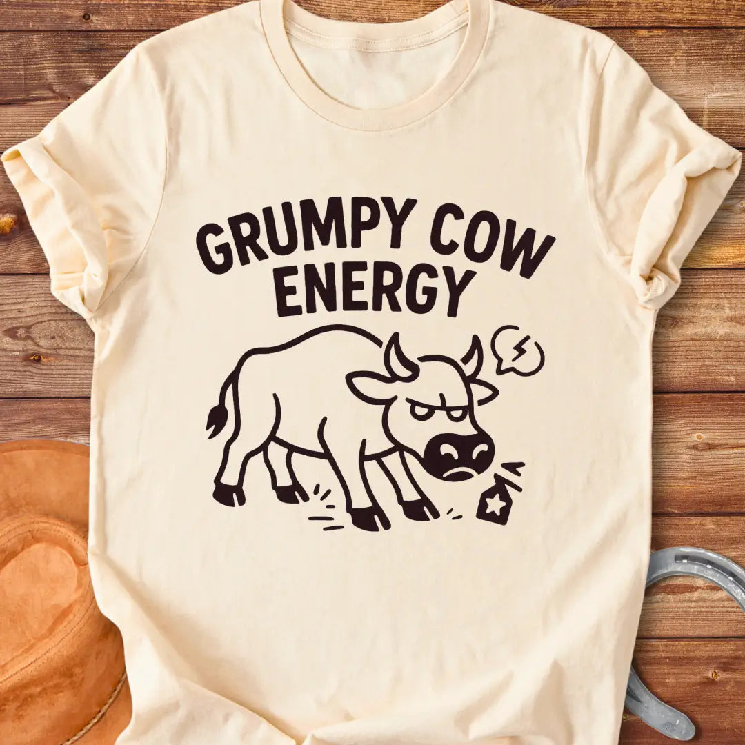 Grumpy cow t-shirt design featuring an angry cow with the words Grumpy Cow Energy.