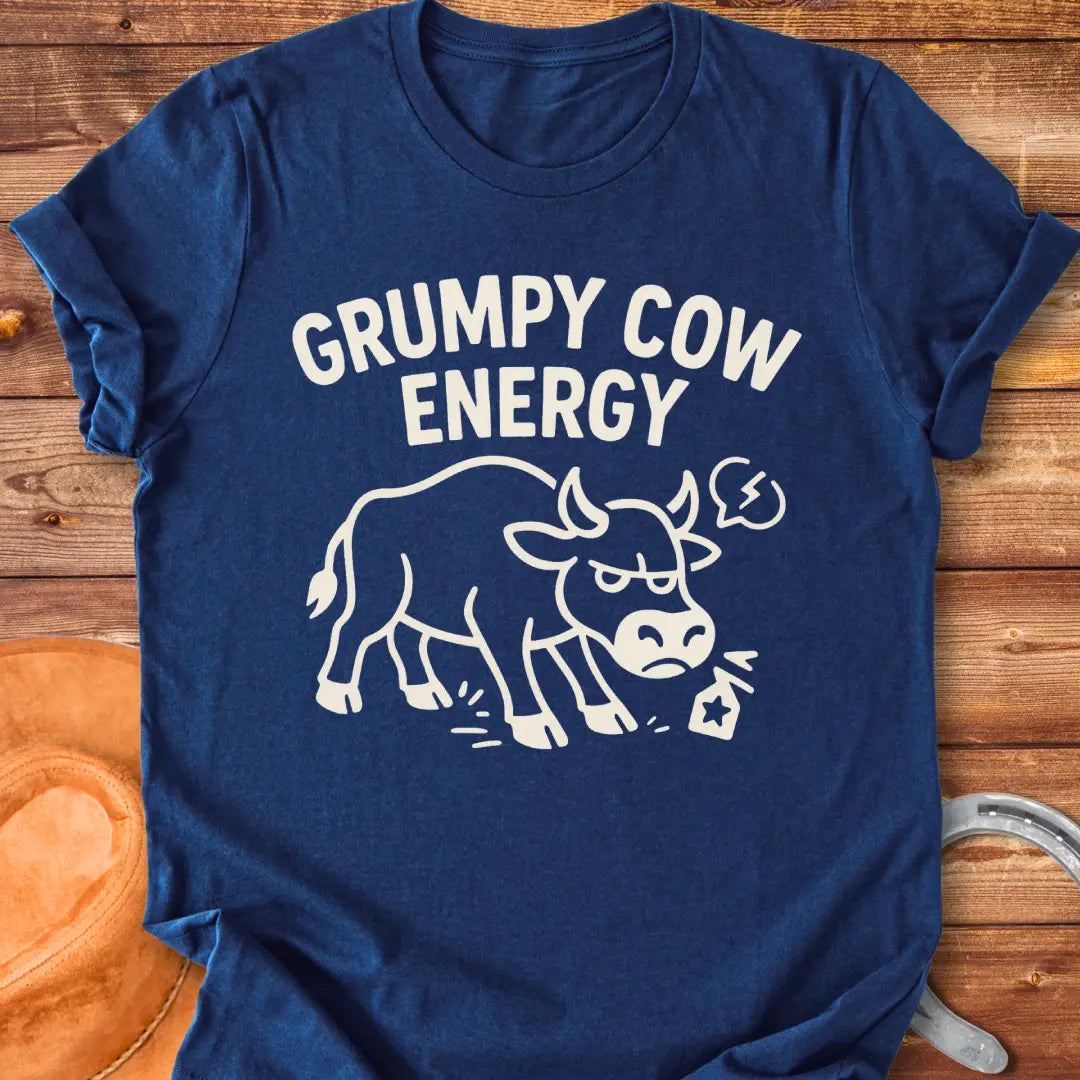 Grumpy cow t-shirt design featuring an angry cow with the words Grumpy Cow Energy.