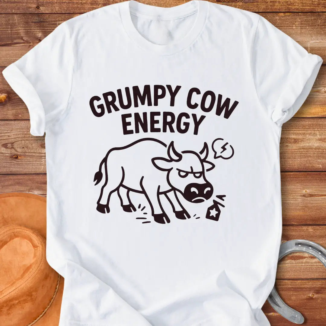 Grumpy cow t-shirt design featuring an angry cow with the words Grumpy Cow Energy.
