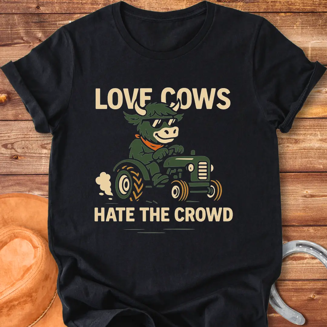 Cool cow in sunglasses driving a tractor, the text says: Love Cows, Hate The Crowd