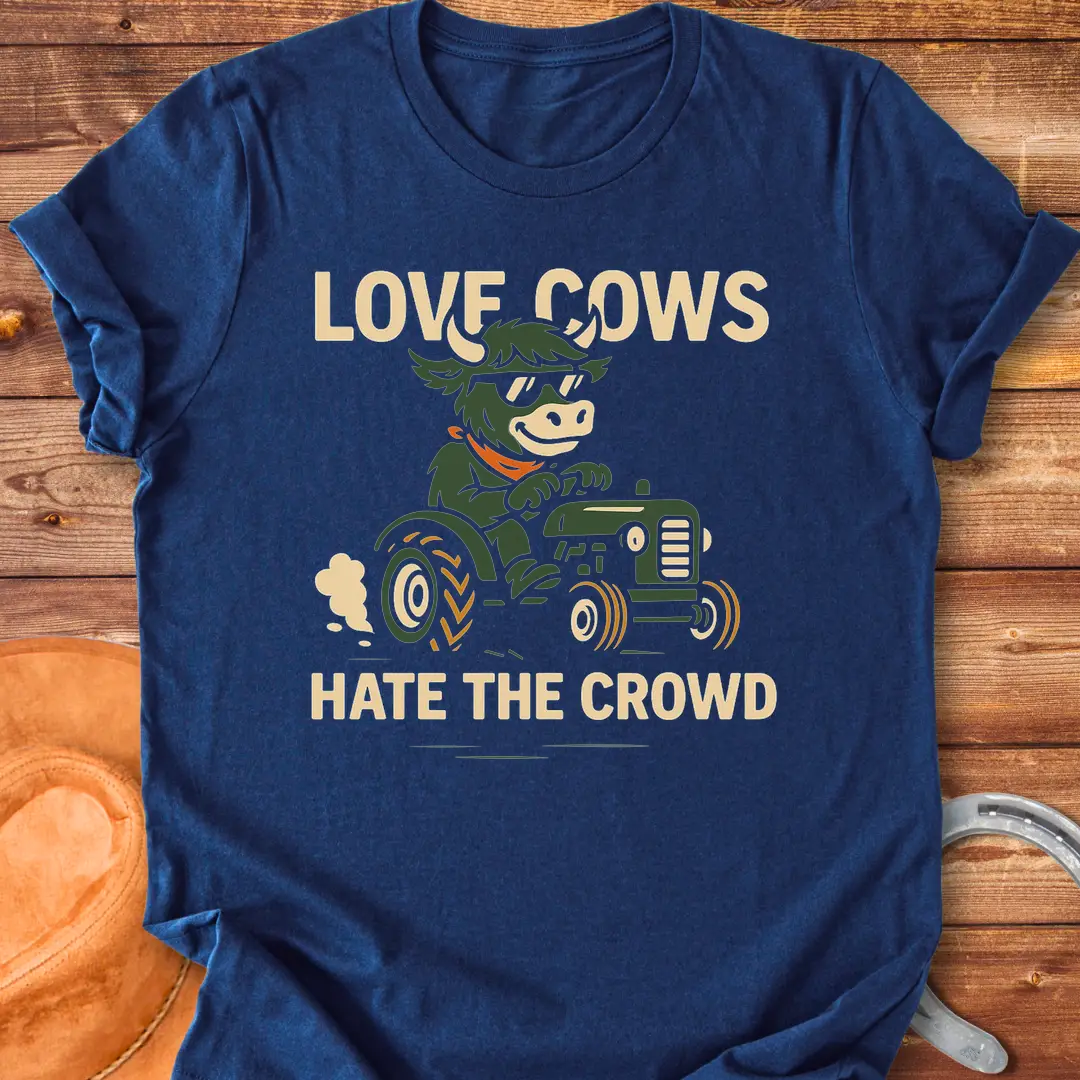 Cool cow in sunglasses driving a tractor, the text says: Love Cows, Hate The Crowd