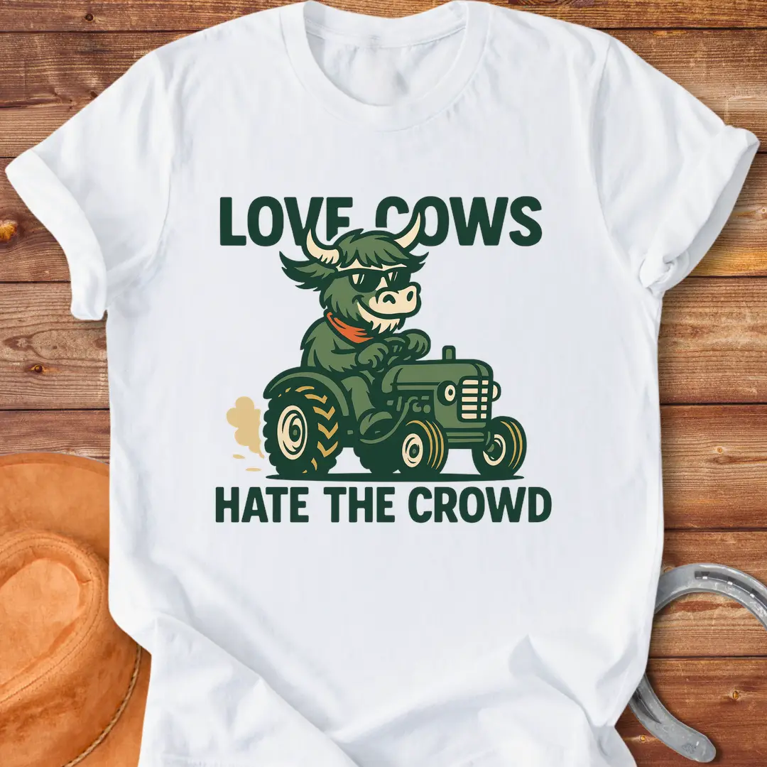 Cool cow in sunglasses driving a tractor, the text says: Love Cows, Hate The Crowd