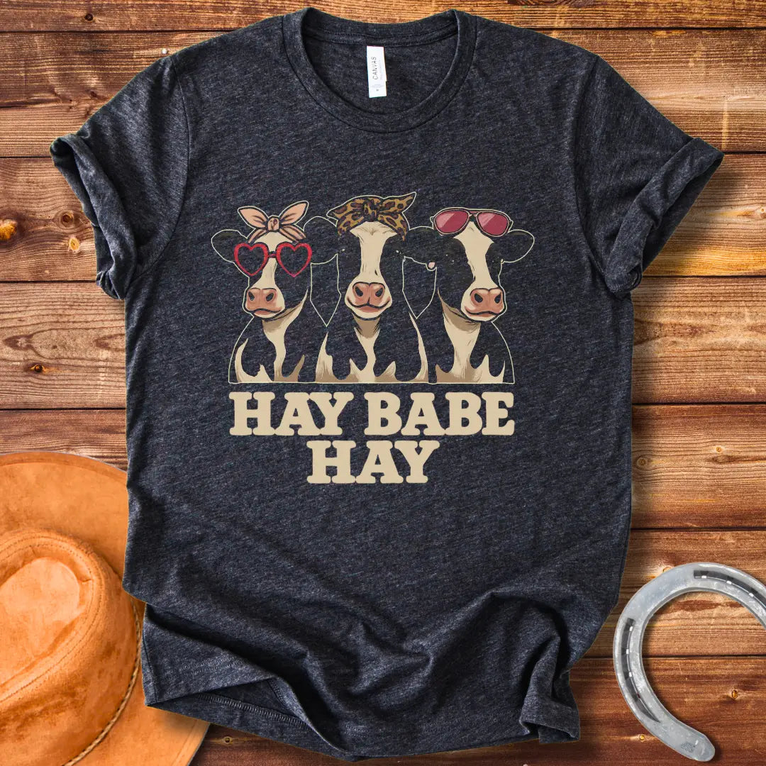 Hay Babe Hay T-Shirt featuring three stylish cows wearing sunglasses and bandanas. Text reads 'Hay Babe Hay'.