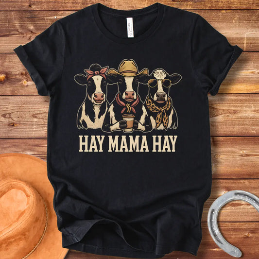 Hay Mama Hay T-shirt featuring three cows in a fun design, perfect for cow lovers.