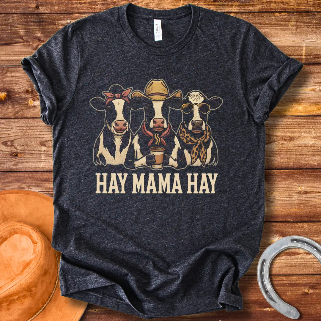 Hay Mama Hay T-shirt featuring three cows in a fun design, perfect for cow lovers.