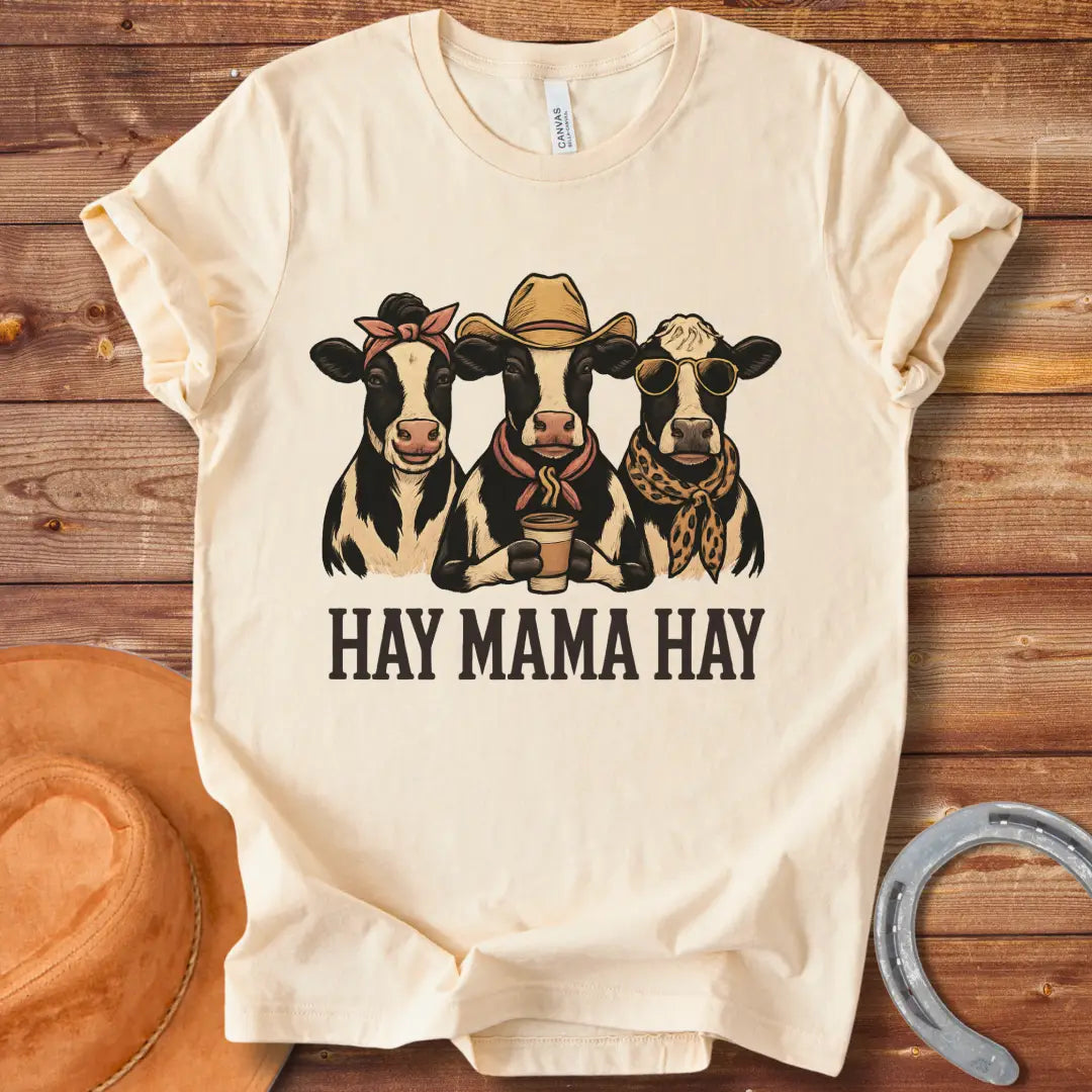 Hay Mama Hay T-shirt featuring three cows in a fun design, perfect for cow lovers.