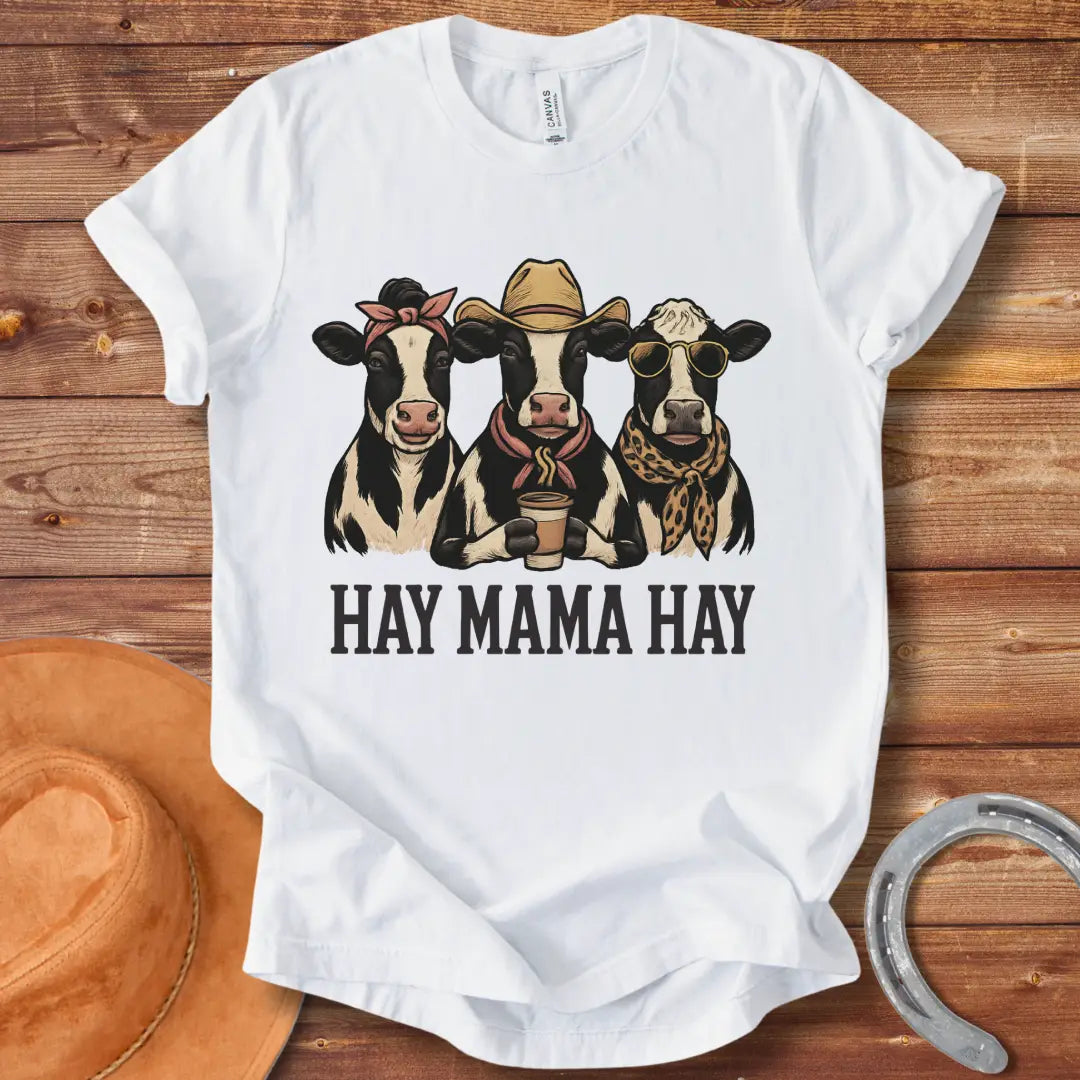 Hay Mama Hay T-shirt featuring three cows in a fun design, perfect for cow lovers.
