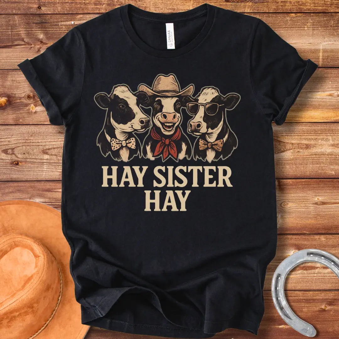 Hay Sister Hay T-Shirt featuring three stylish cows in bowties and a cowboy hat.