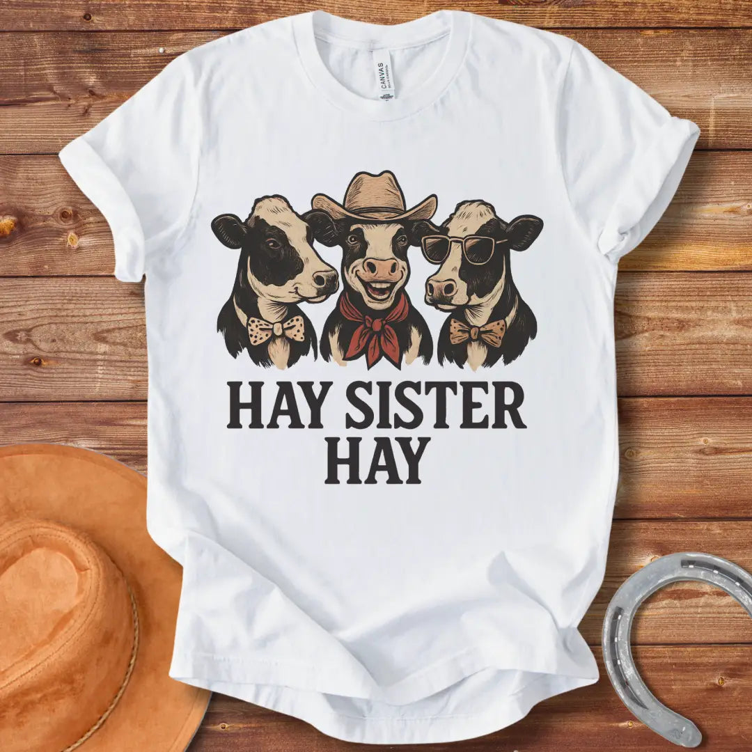 Hay Sister Hay T-Shirt featuring three stylish cows in bowties and a cowboy hat.