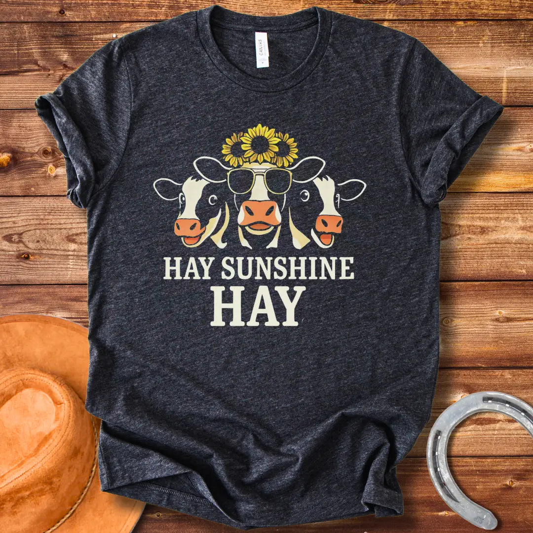 Hay Sunshine Hay T-Shirt featuring three smiling cows, one wearing sunglasses and a sunflower crown.