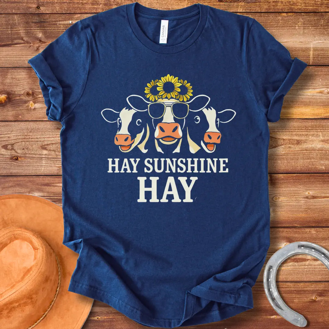 Hay Sunshine Hay T-Shirt featuring three smiling cows, one wearing sunglasses and a sunflower crown.