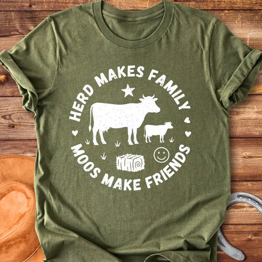 Herd Moos Family Circle T-Shirt featuring a cow and calf, surrounded by text and hearts
