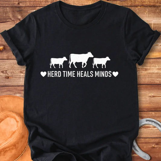 Herd Time Heals Minds T-Shirt featuring a design with cows