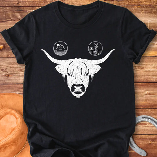 Highland cow face t-shirt with farmstead icons