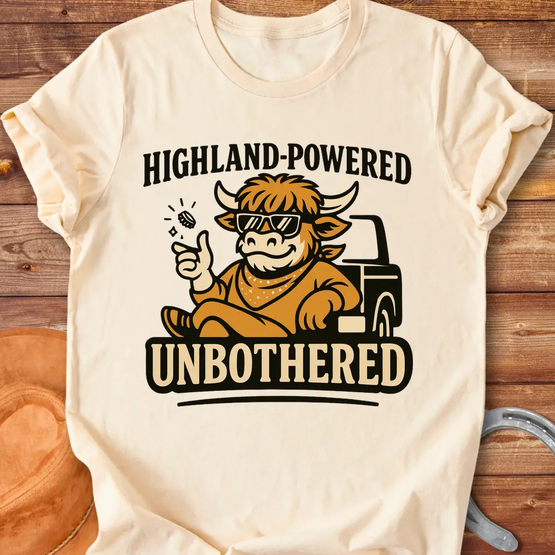 Highland cow wearing sunglasses, giving a thumbs up, with 'Highland Powered' and 'Unbothered' text on a t-shirt design.