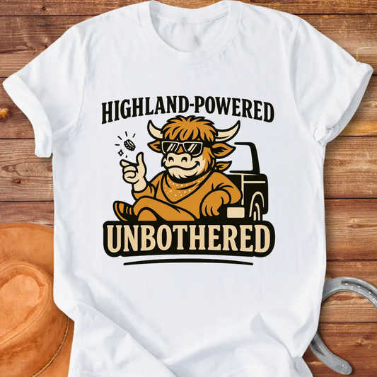 Highland cow wearing sunglasses, giving a thumbs up, with 'Highland Powered' and 'Unbothered' text on a t-shirt design.