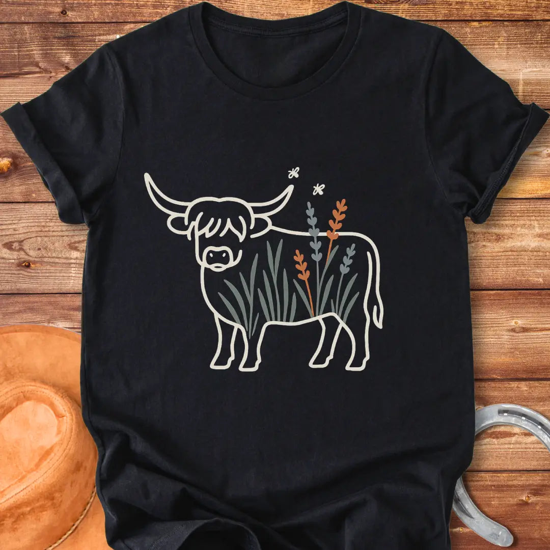 Line drawing of a Highland cow with floral accents on a black background.