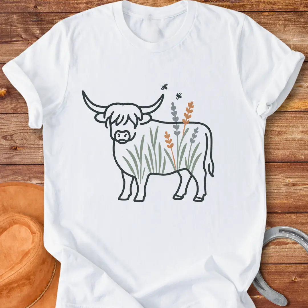 Line drawing of a Highland cow with floral accents on a black background.
