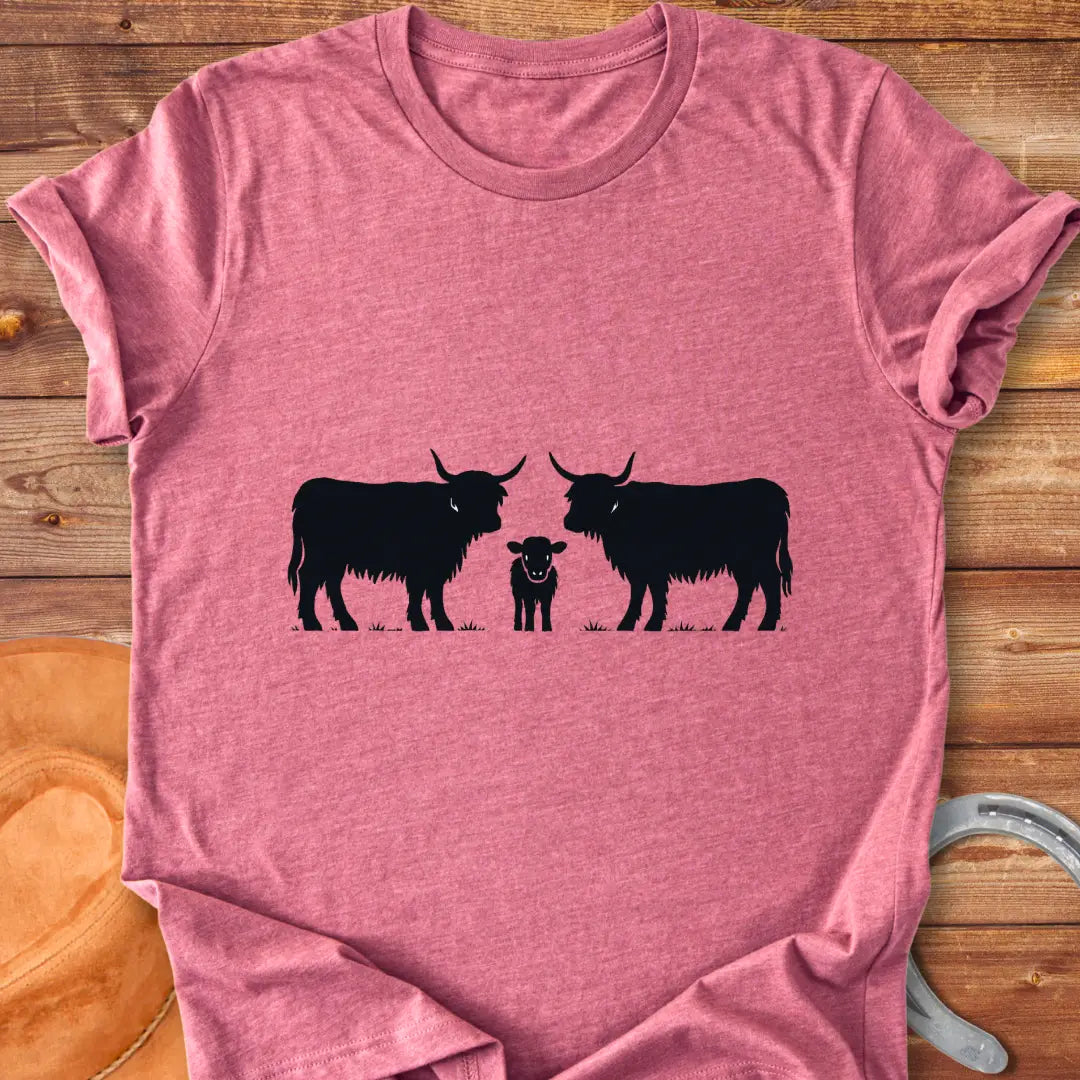 Highland Trio T-Shirt featuring a silhouette of a family of highland cows: a calf between two adults.