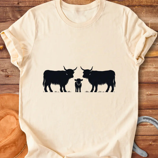 Highland Trio T-Shirt featuring a silhouette of a family of highland cows: a calf between two adults.