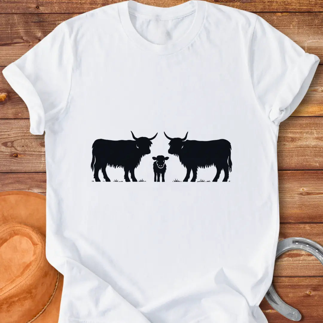 Highland Trio T-Shirt featuring a silhouette of a family of highland cows: a calf between two adults.