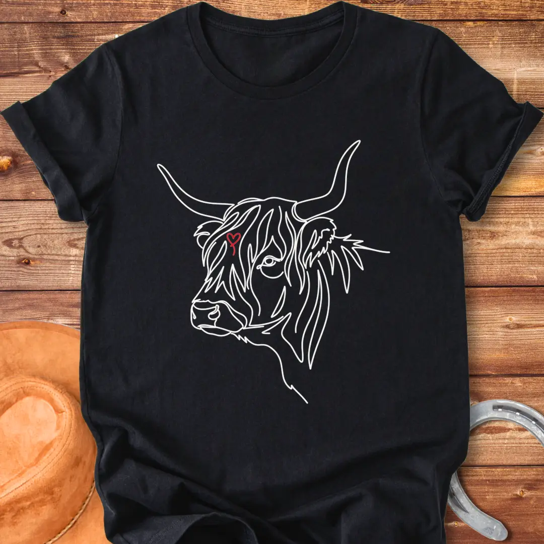 Highland cow lineart design with a red heart, cow lover t-shirt