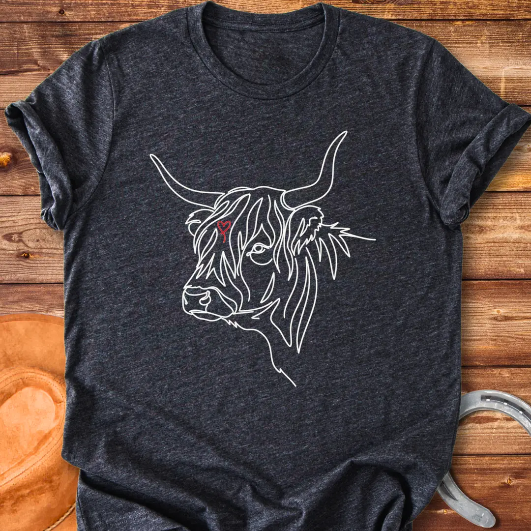 Highland cow lineart design with a red heart, cow lover t-shirt