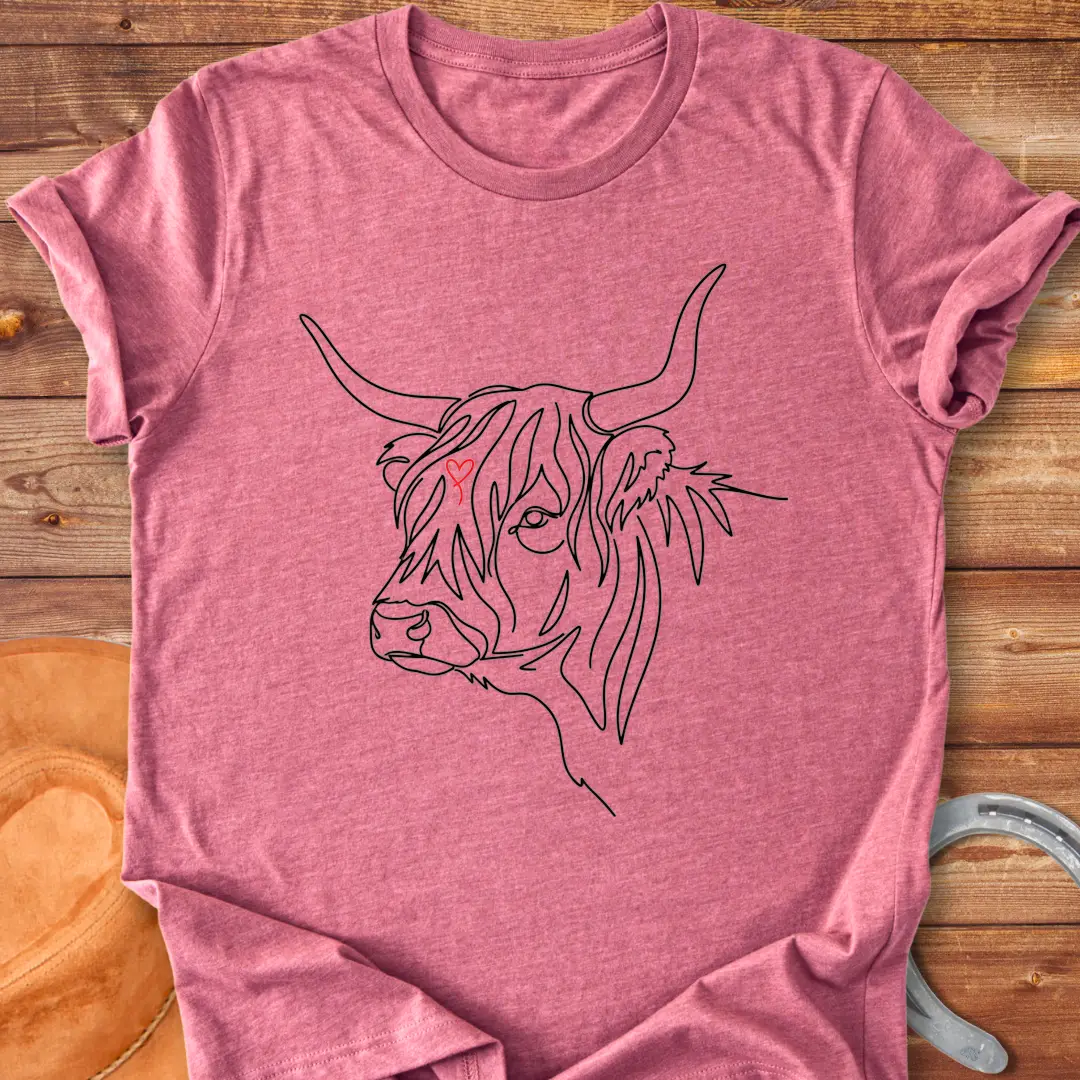 Highland cow lineart design with a red heart, cow lover t-shirt