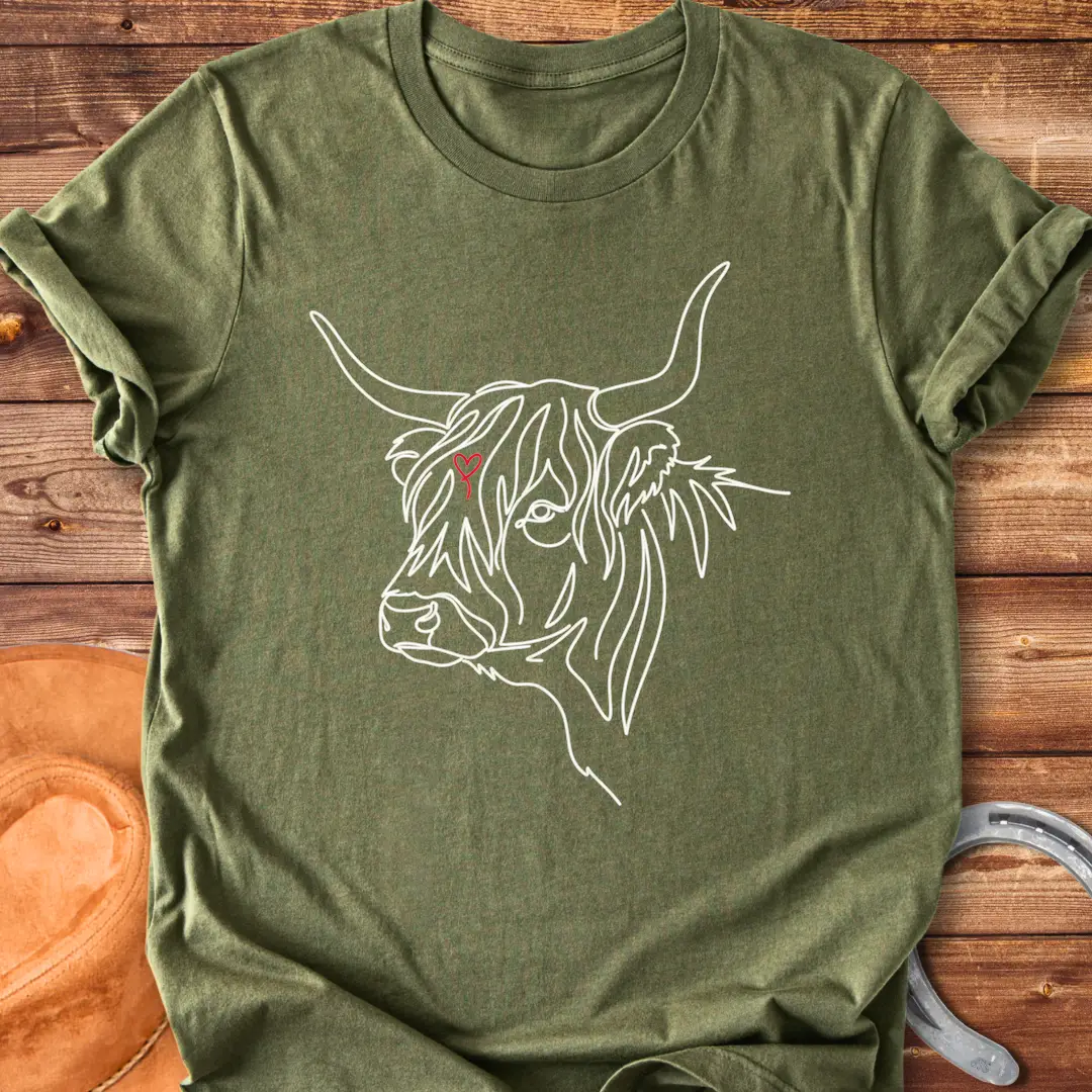 Highland cow lineart design with a red heart, cow lover t-shirt