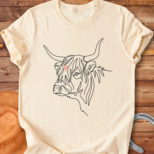 Highland cow lineart design with a red heart, cow lover t-shirt